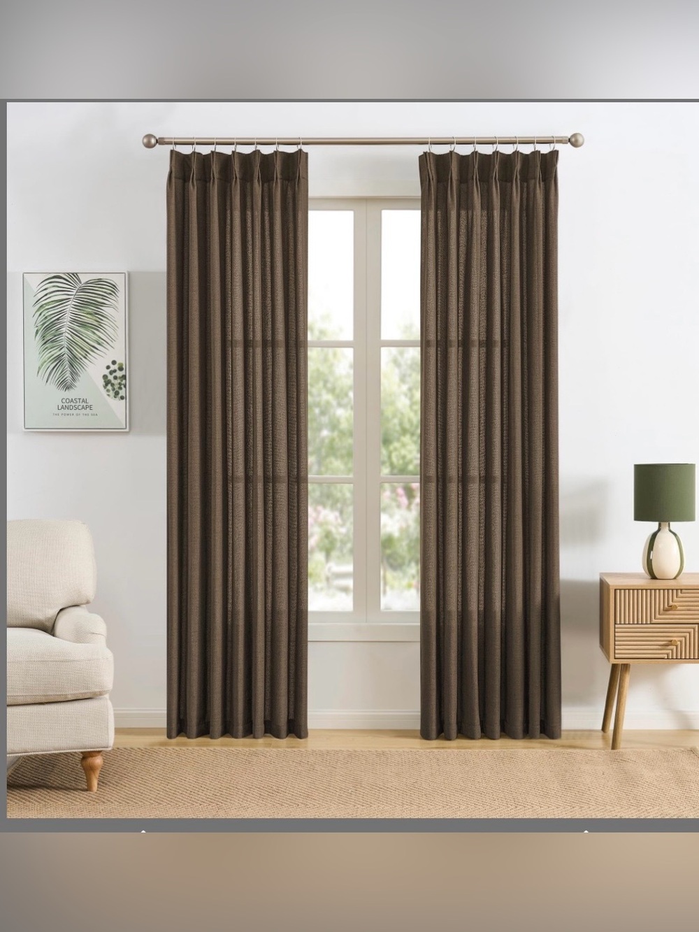 Brown Pinch Pleated Linen Curtains Semi Sheer Memory Trained 42”x102” 3 sets New